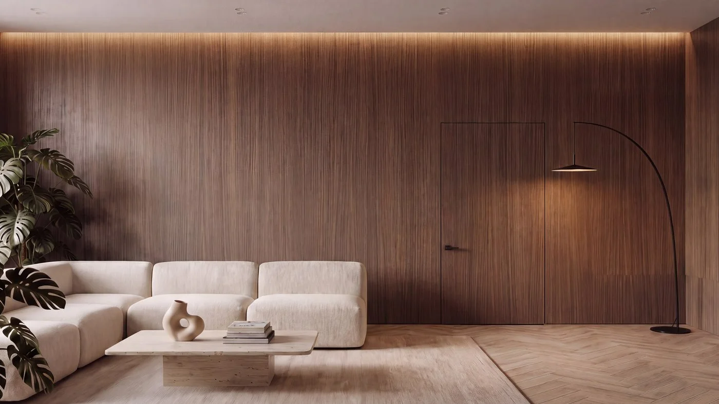 An interior with a uniform surface in engineered veneer and concealed doors