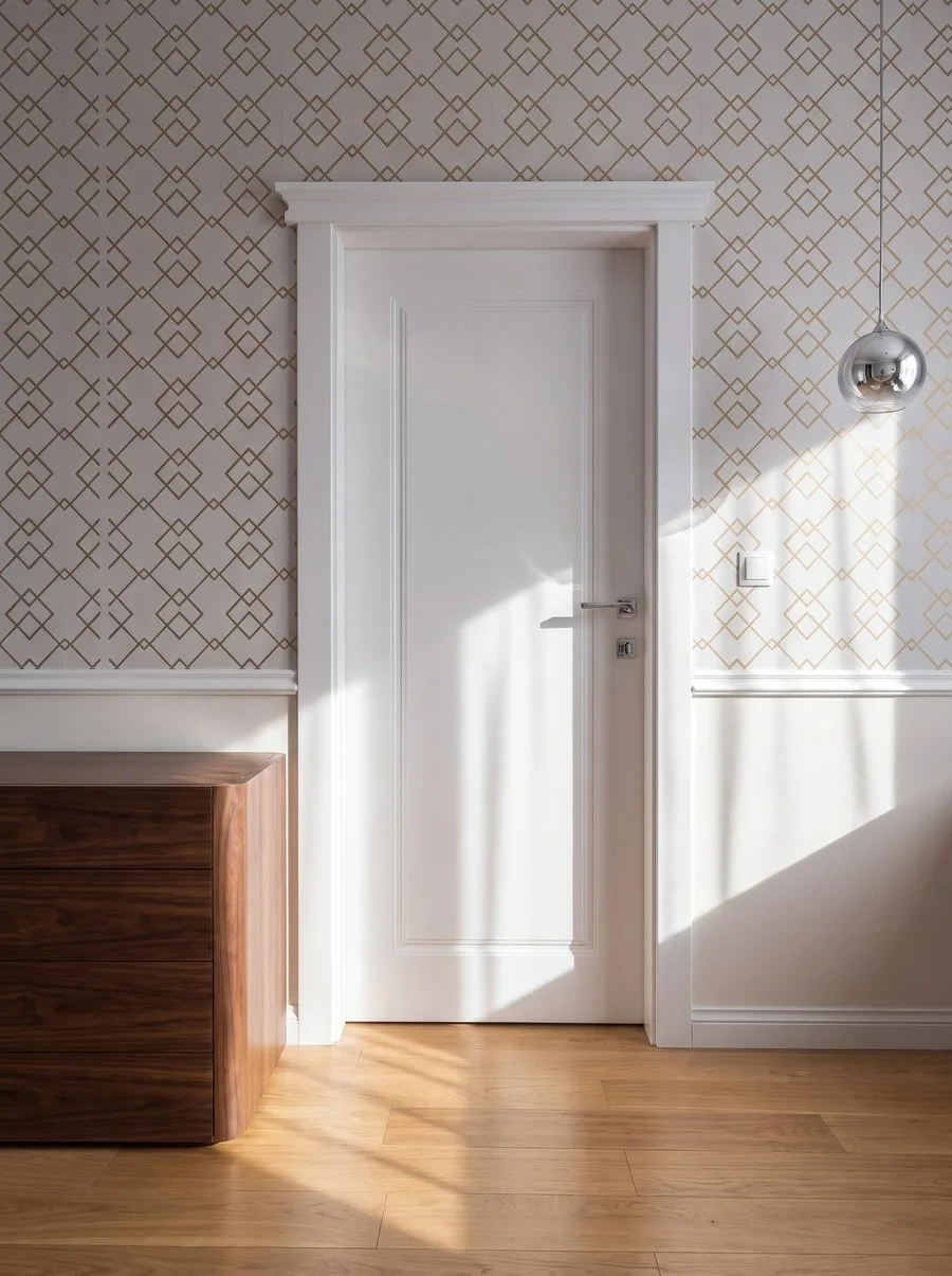 Door lacquered in white in a classical interior with wallpaper
