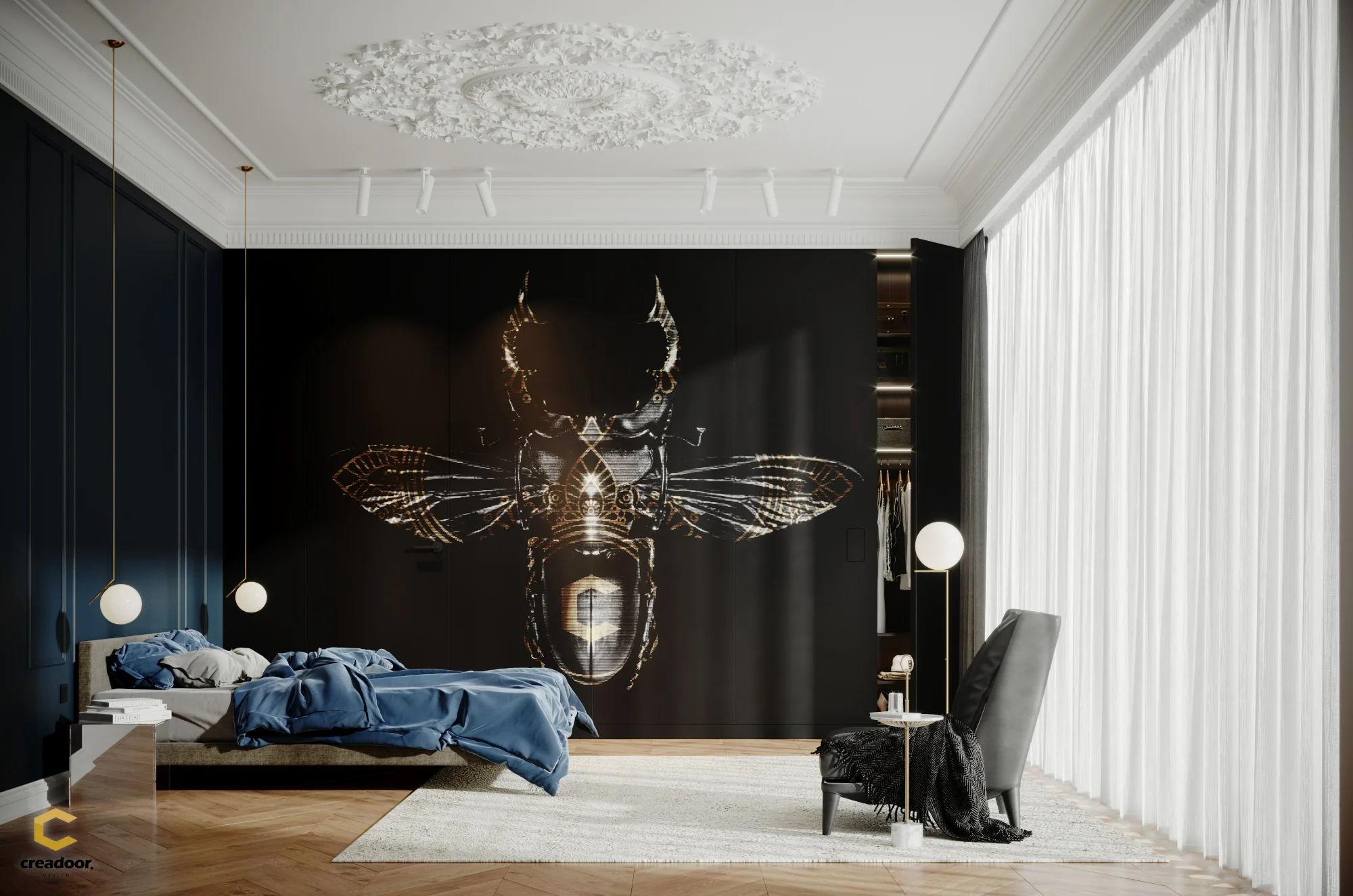 Engraved wall system — a beetle engraved across bedroom panelling