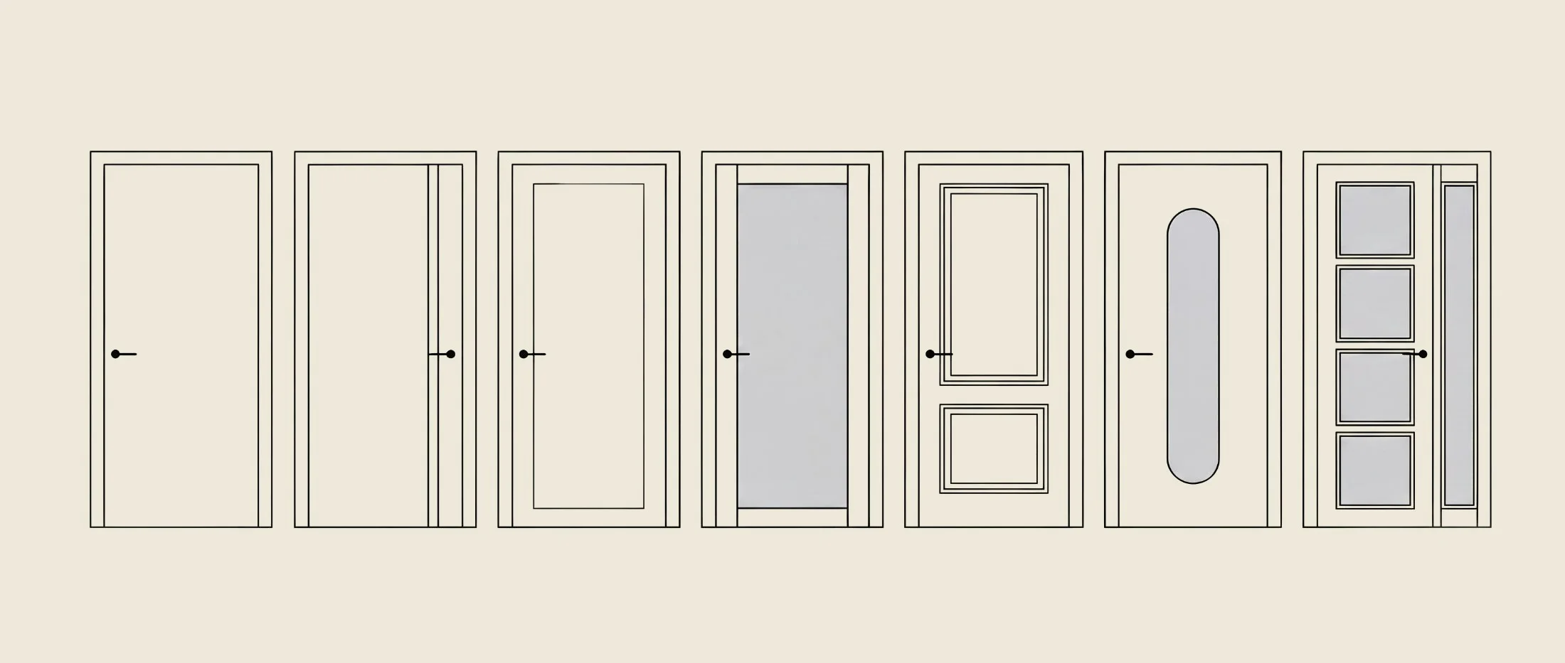 Example models of interior doors — from a plain flush leaf to glazing, routing and authored compositions