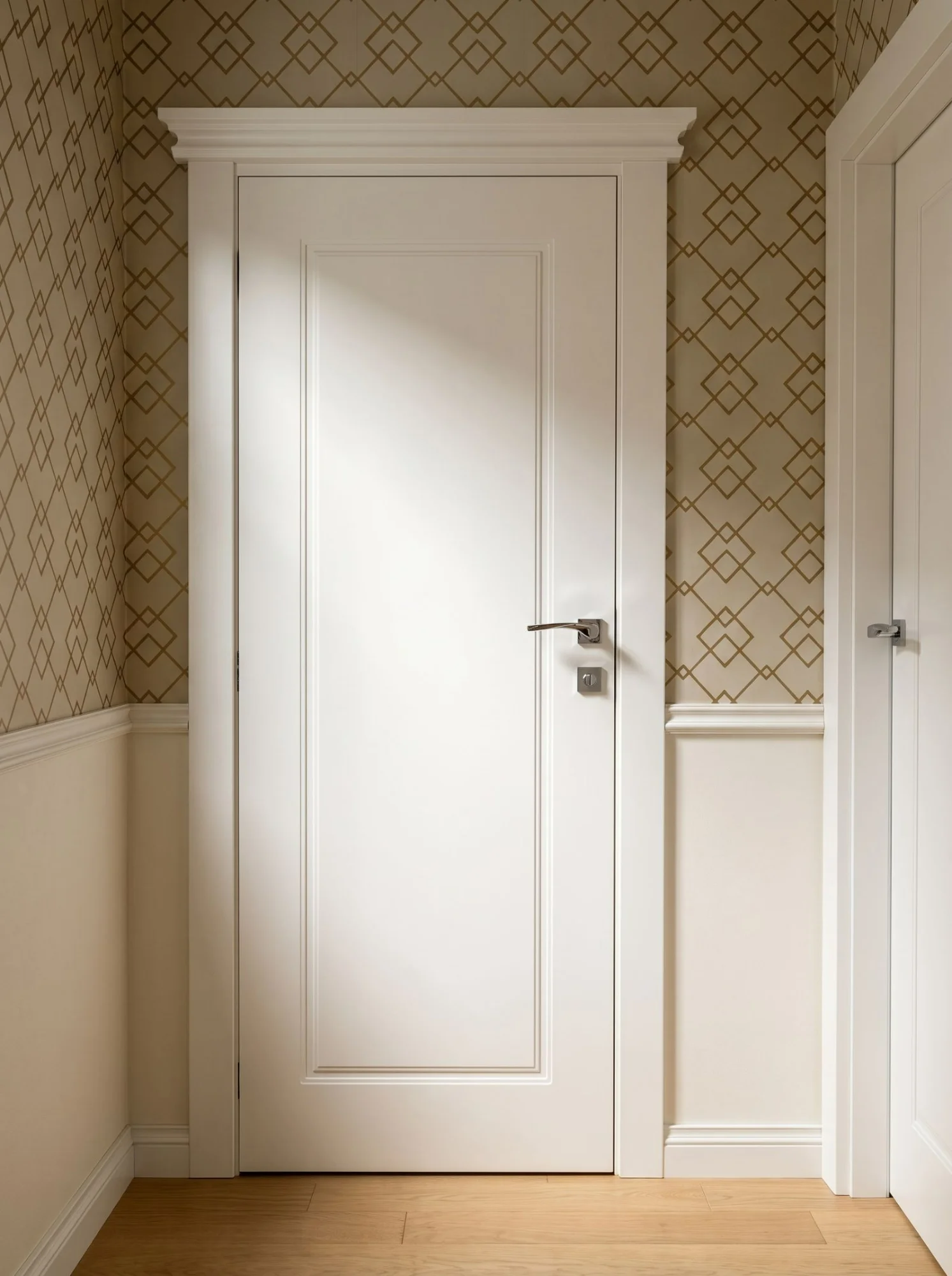Veneered rebateless door with a full-height inset mirror, a light hallway looking through to the interior — a Creadoor project