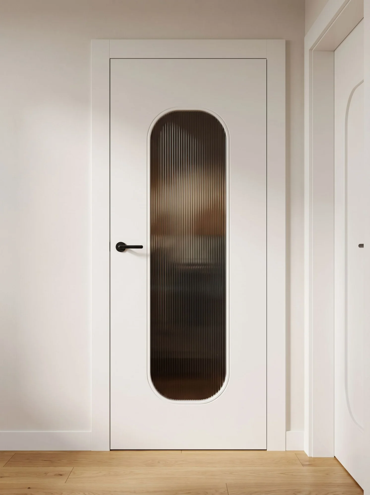 Veneered rebateless door in a warm timber tone with a black glazed band beside the handle — a Creadoor project