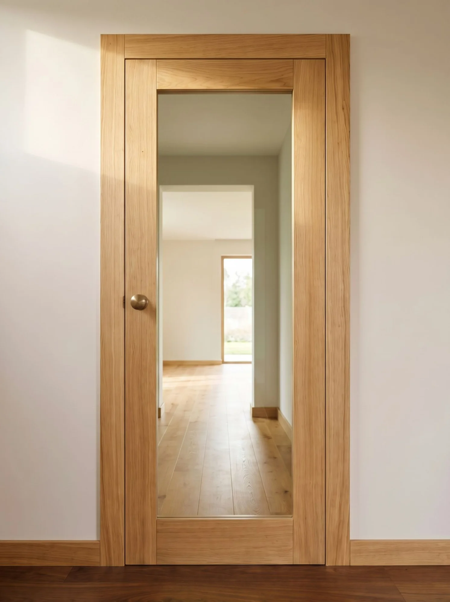 White rebateless door with an oval light in reeded glass, a minimal hallway with a timber floor — a Creadoor project
