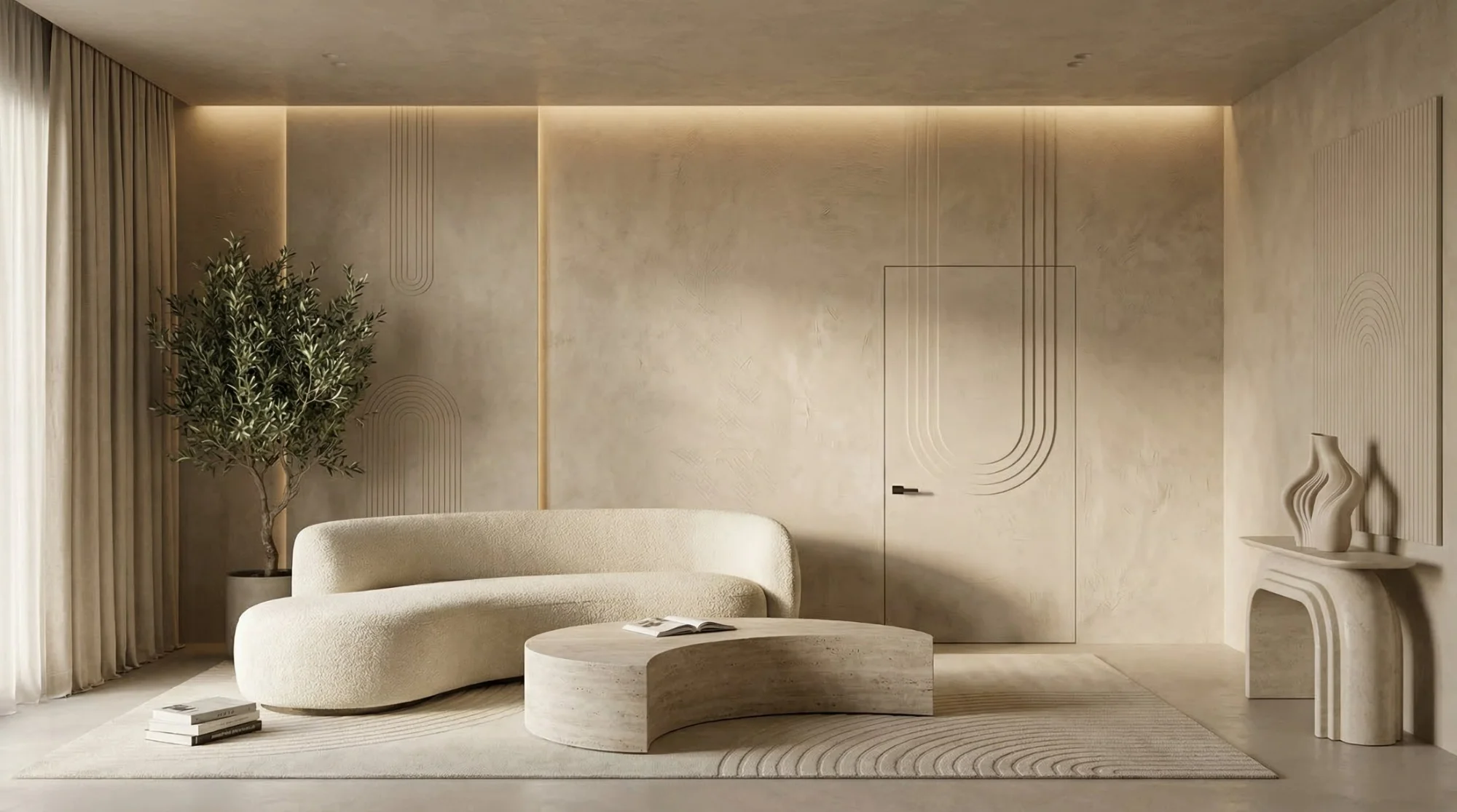 Living room with Element doors concealed in the wall, the motif of arcs carried into the plaster