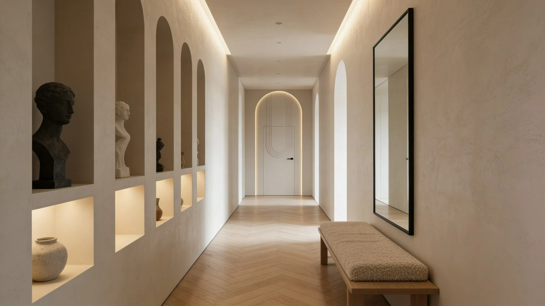Hallway with Element doors in white, lit niches