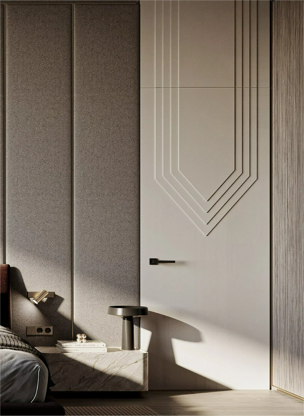 Bedroom with an Element door — a raised application in beige beside an upholstered wall