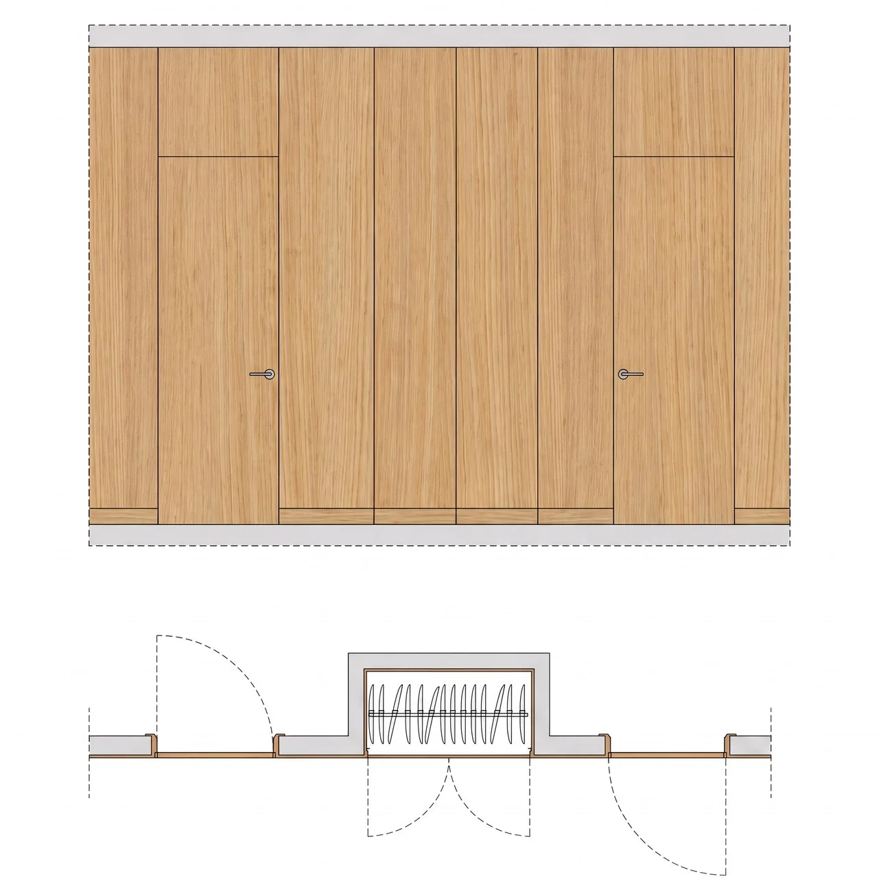 Diagram of a wall system — elevation and plan with panelling, doors and a niche
