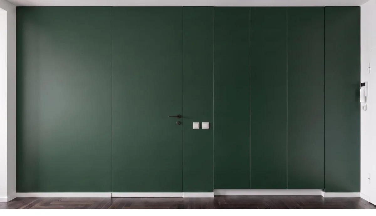 Wall system with door and wardrobe in bottle green
