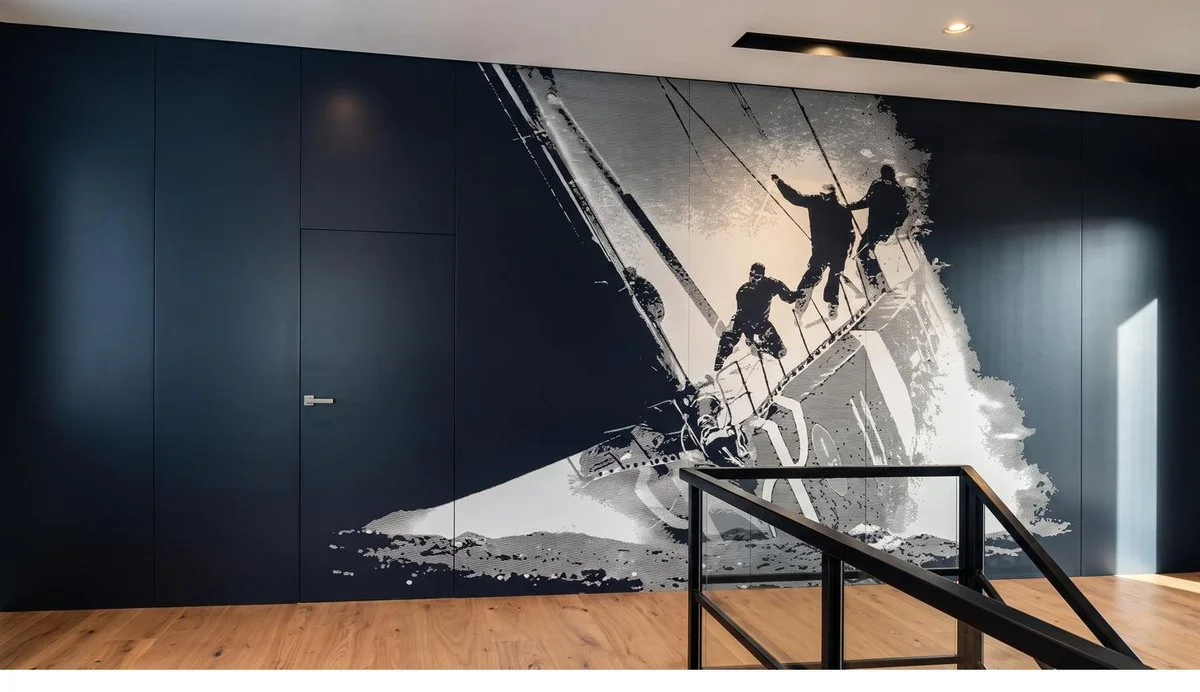 Wall system with doors and a graphic of sailors