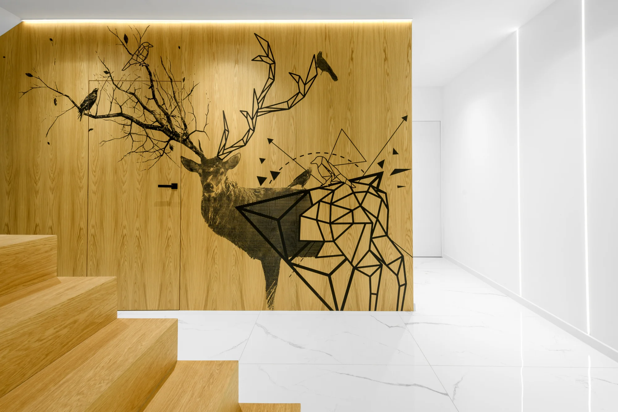 Realizacja — grafika 3D, jeleń, korytarz