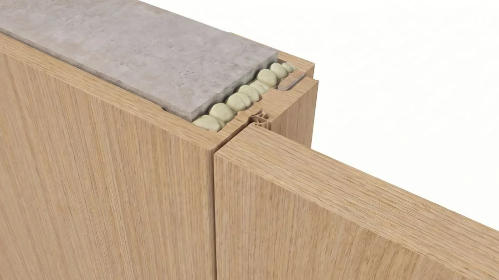 Section through a wall system on a rebateless frame — the veneered panel as an integral part of the architrave